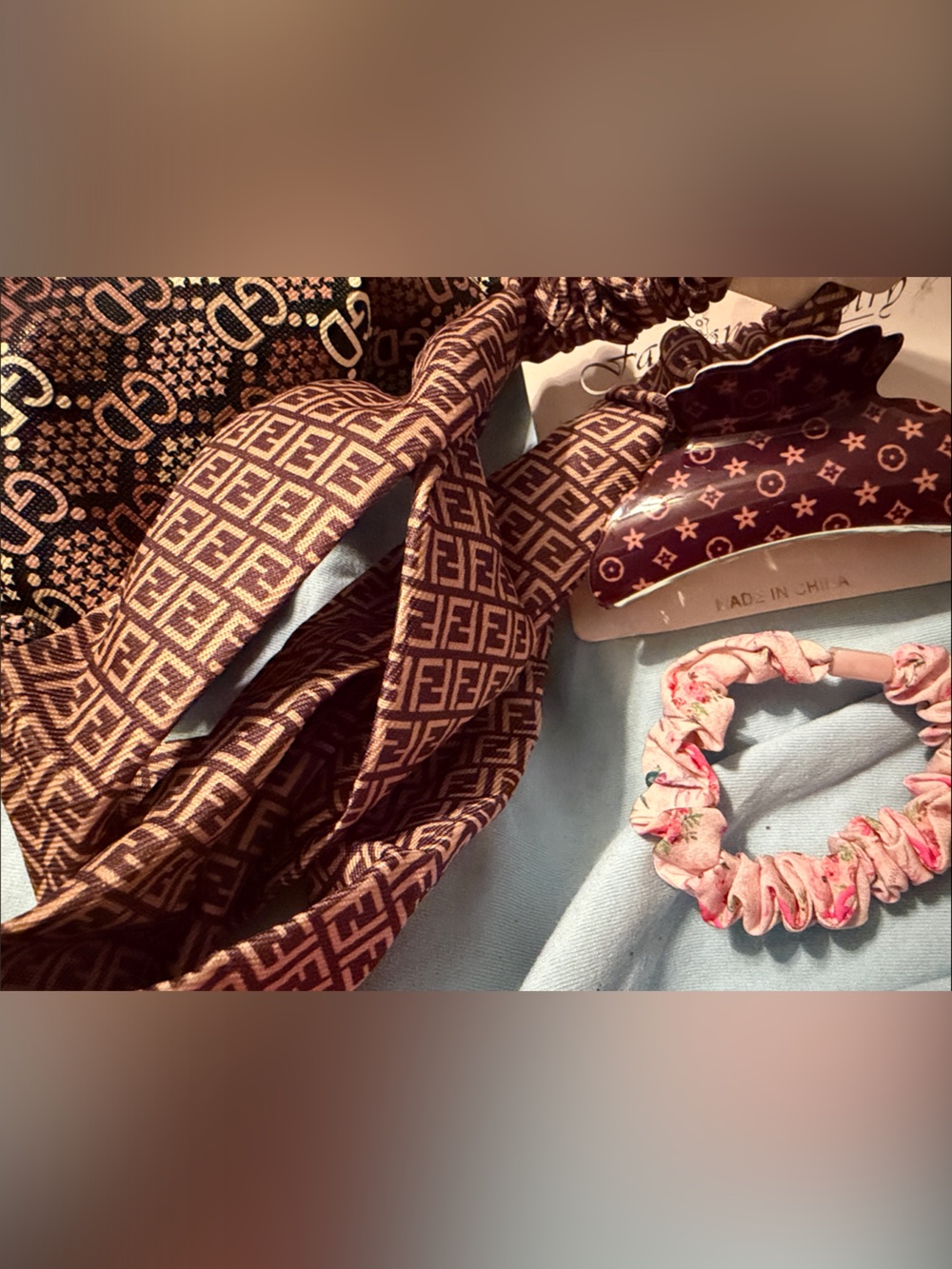 Multiples Brown Monogram Hair Scarf and Pink Floral Scrunchie Set